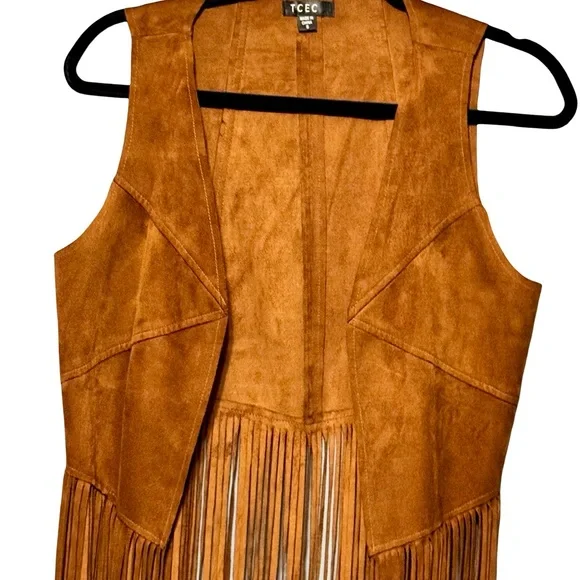 TCEC Faux Suede Brown Tan Fringe Western Festival Sleeveless Open Front Vest - Picture 2 of 6